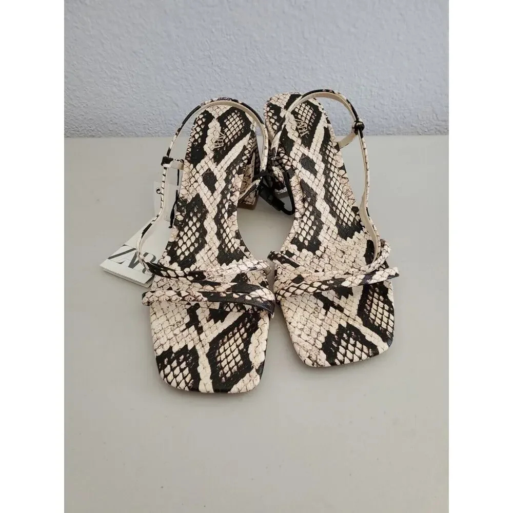 Zara Sandals Women 8 EUR 39 Snake Print Square Toe Block Air Fit Insole Foam - Picture 2 of 16